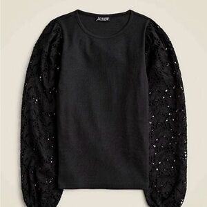 NWT J. Crew Black Ribbed Sweater/shirt with Lace Puff Sleeves. Small NWT